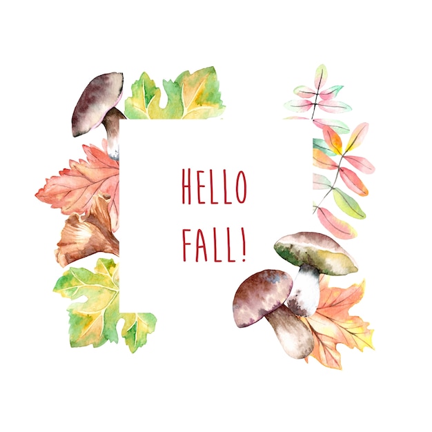 Vector watercolor autumn frame with mushrooms and leaves