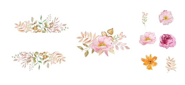 水彩の秋のフレームは花と秋の葉でセットされています