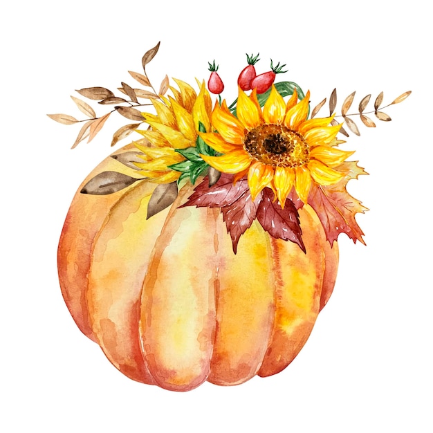 Watercolor autumn illustration pumpkins sunflowers branch and leaves