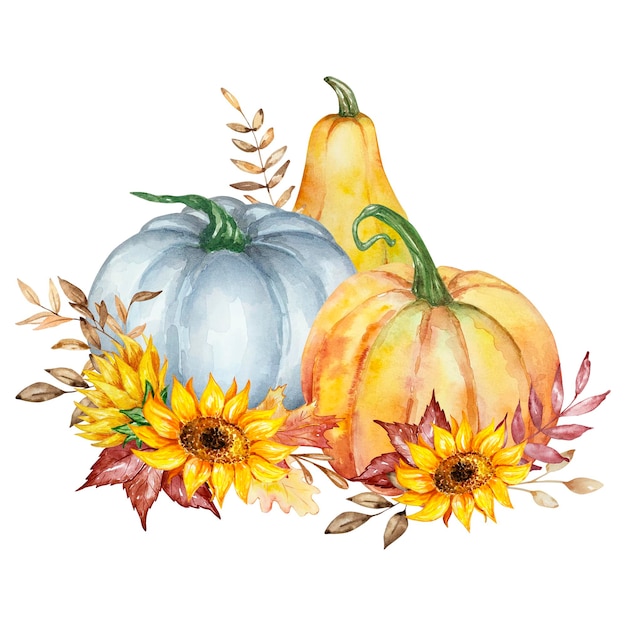 Watercolor autumn illustration pumpkins sunflowers branch and leaves