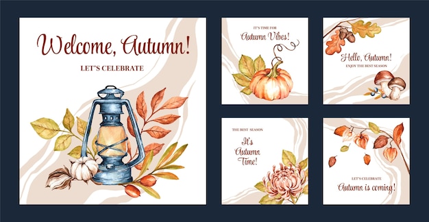 Watercolor autumn instagram posts collection with leaves