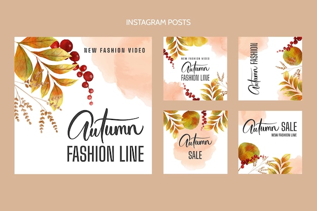 Vector watercolor autumn instagram posts collection