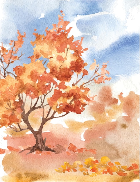 Watercolor autumn landscape Fall nature background