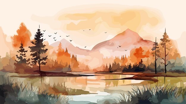 Vector watercolor autumn landscape illustration background