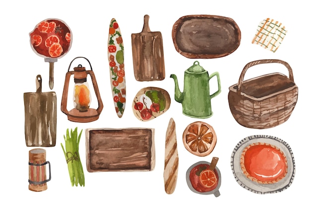 Vector watercolor autumn picnic items pumpkin pie