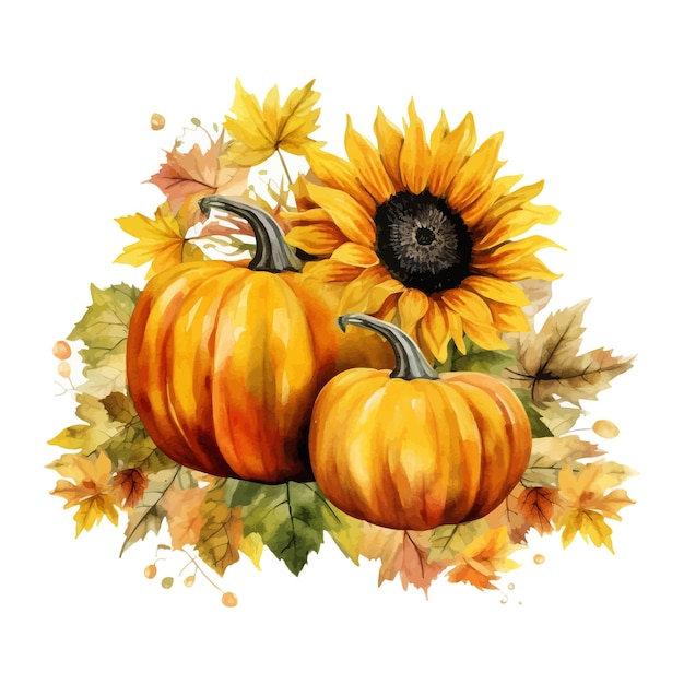 Watercolor autumn Pumpkins and sunflowers