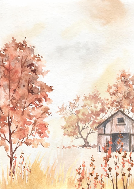 Watercolor autumn rural landscape