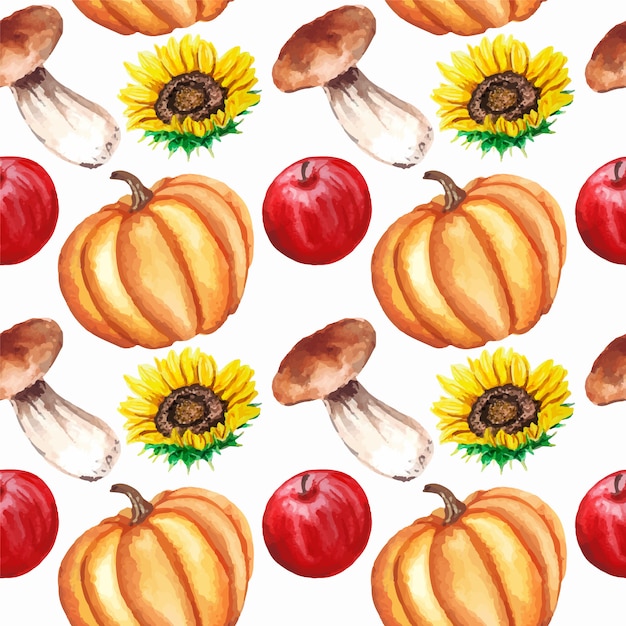 Watercolor autumn seamless pattern with apples, sunflowers, mushrooms, pumpkin isolated.