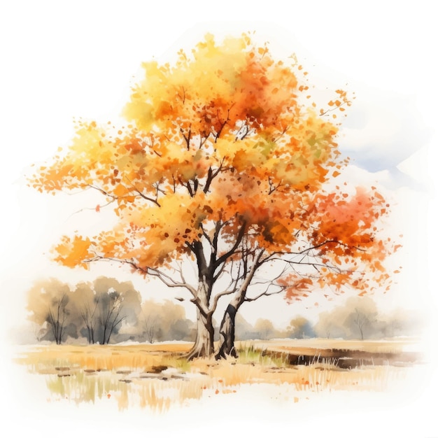 색 배경 에 있는 수채화 가을 나무 수채화 일러스트레이션