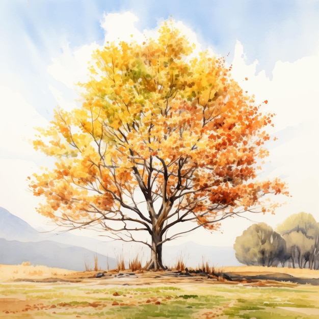 Watercolor autumn tree on a white background Watercolor illustration