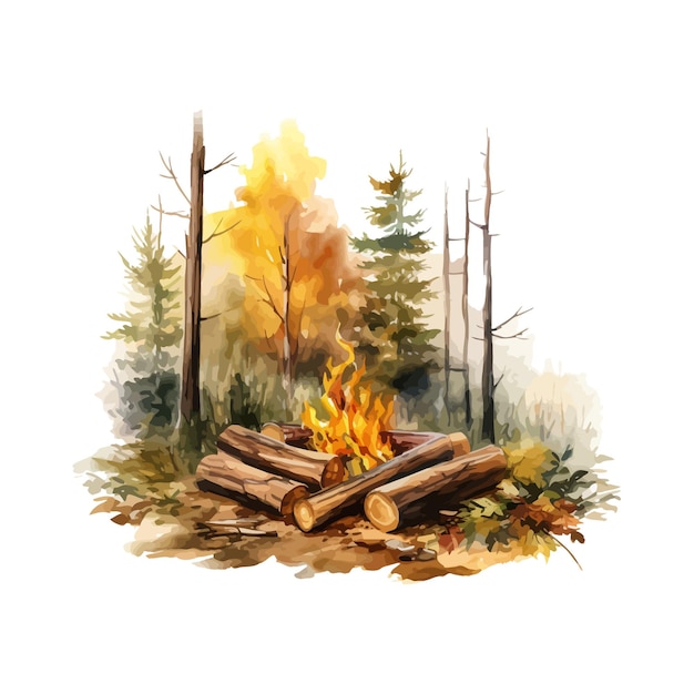 Vector watercolor autumn wooded log bonfire camp isolated