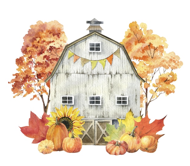 Vector watercolor autumn wooden barn pumpkin harvest