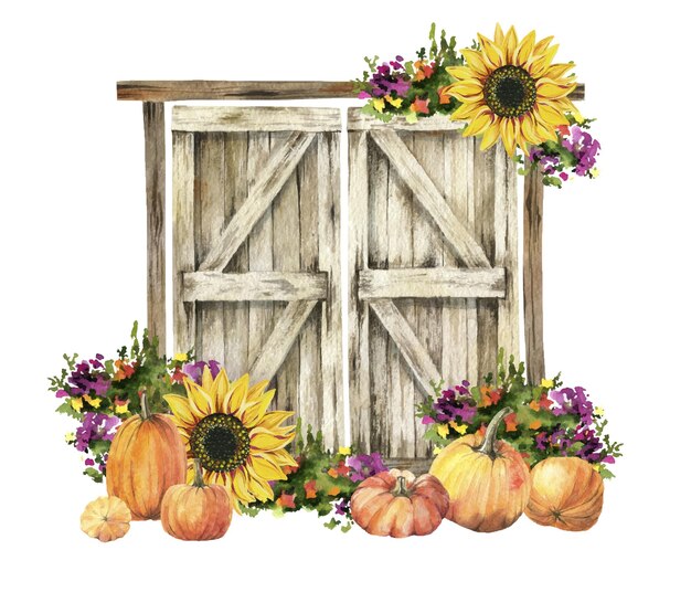 Vector watercolor autumn wooden door pumpkin harvest