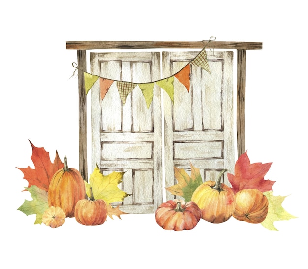 Watercolor autumn wooden old door pumpkin harvest