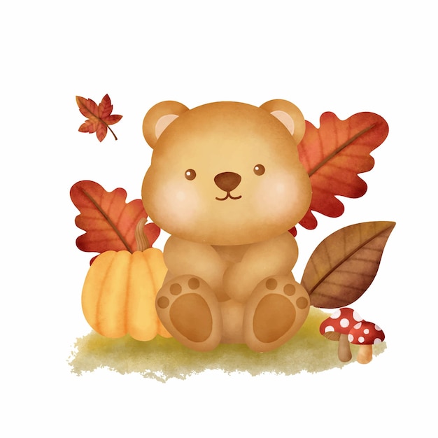 Watercolor Autumn woodland animals with cute bear