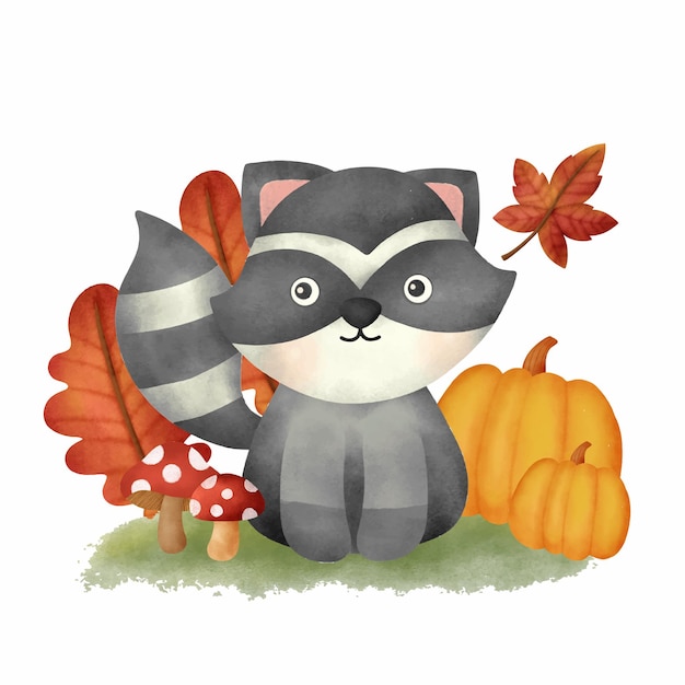 Watercolor Autumn woodland animals with cute raccoon card