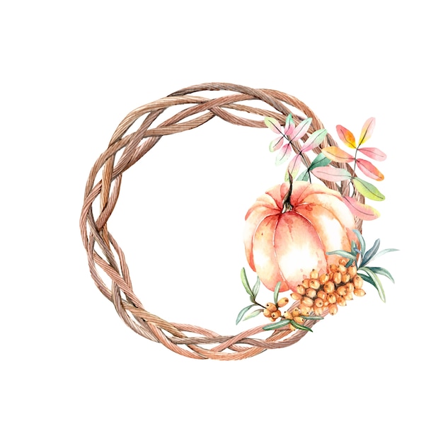 Watercolor autumn wreath with pumpkin and sea-buckthorn