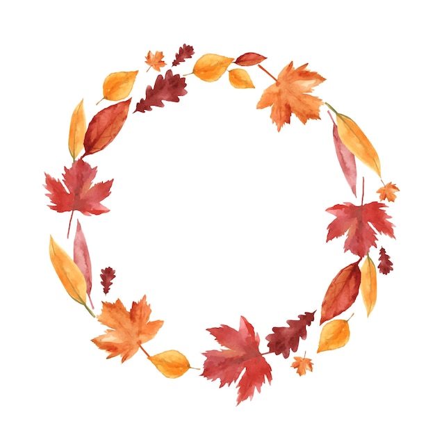 Watercolor autumn wreath with yellow red and brown leaves