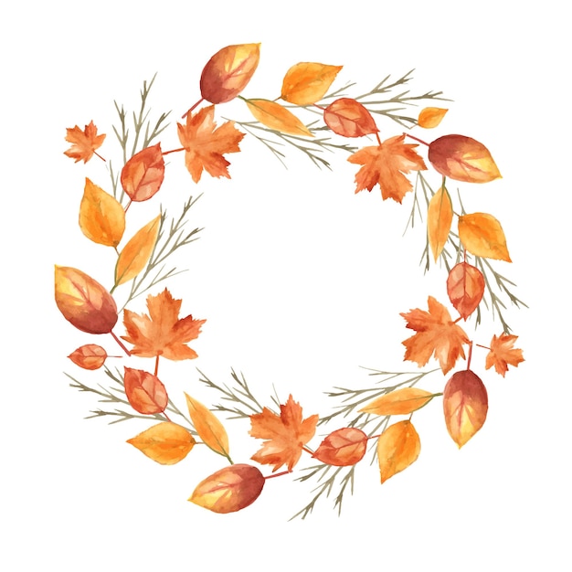 Vector watercolor autumn wreath with yellow red and brown leaves