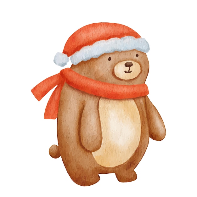 Watercolor Baby Bear character with winter scarf and hat. Hand drawn cute woodland animal. Cartoon i