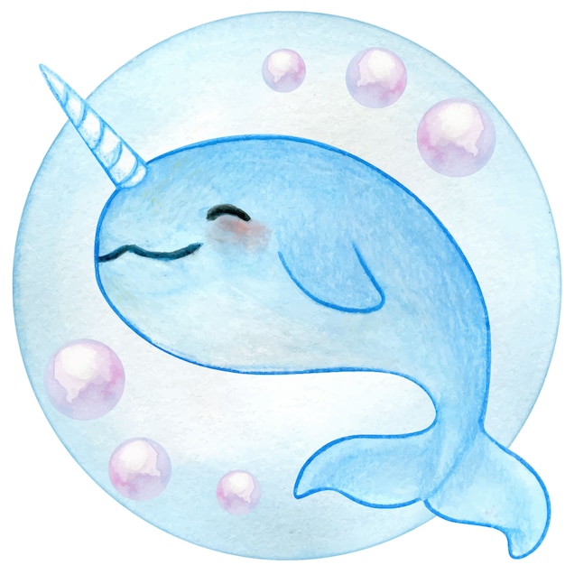 Vector watercolor baby blue narwhale boy