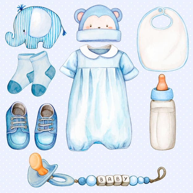 Vector watercolor baby boy accessories