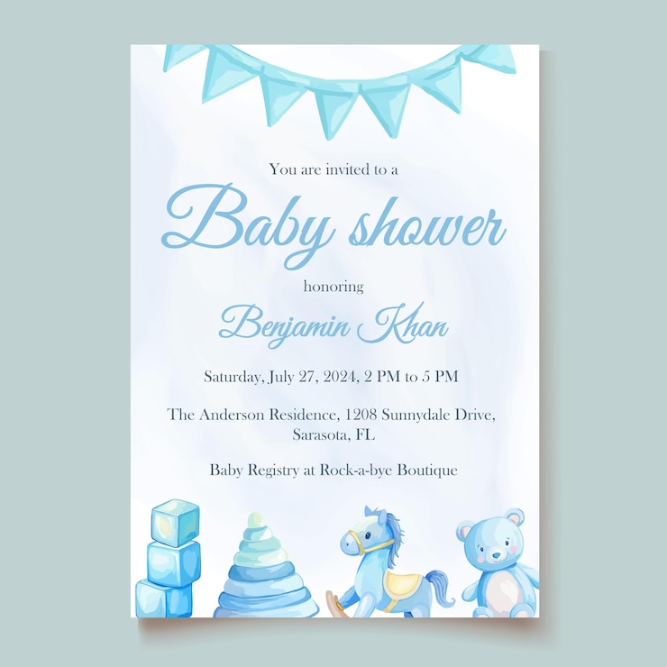Vector watercolor baby boy shower invitation with cute bear