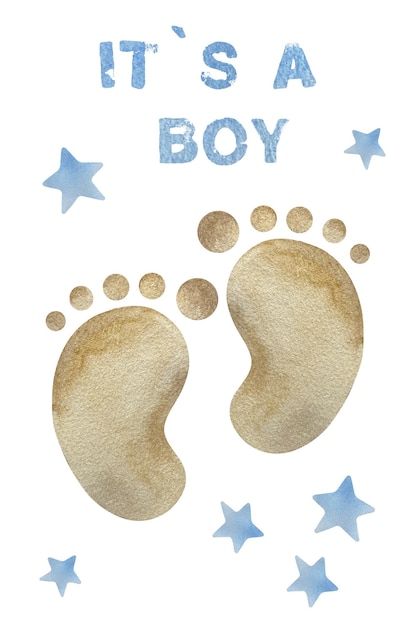 Watercolor baby boy shower set its a boy theme with footprints and blue stars its a boy illustration