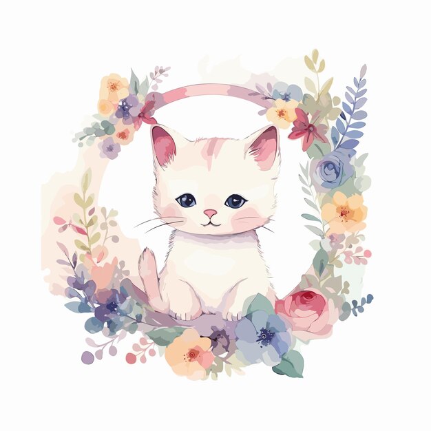 Watercolor baby cat animal illustration flowers circle