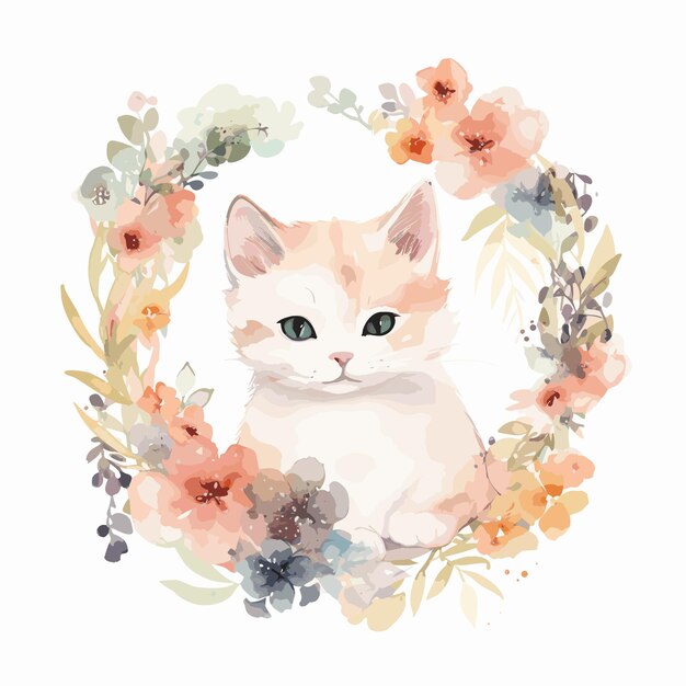 Watercolor baby cat animal illustration flowers circle