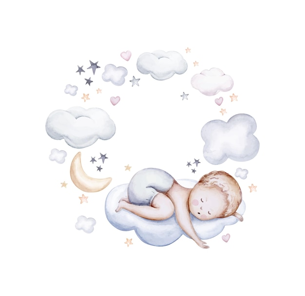 Watercolor baby child wreath with baby kids clouds stars