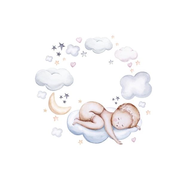 Watercolor baby child wreath with baby kids clouds stars