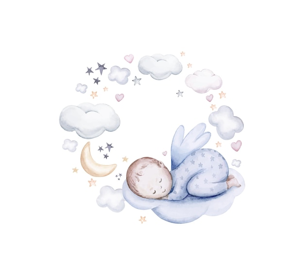 Watercolor baby child wreath with baby kids clouds stars