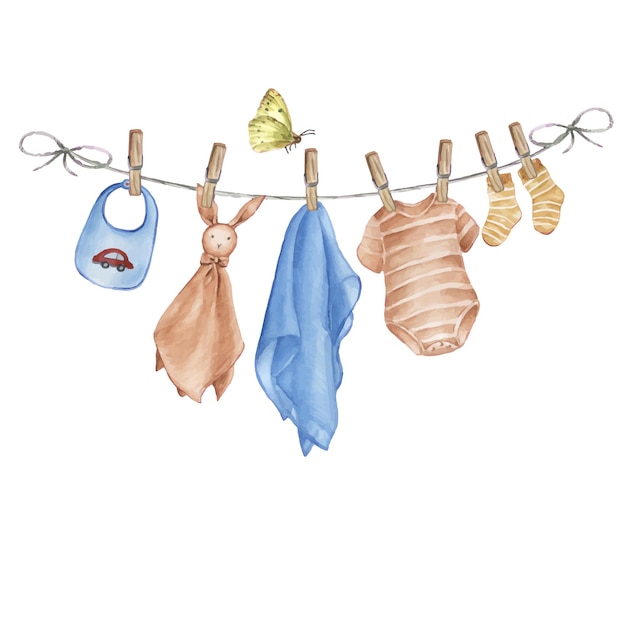 Vector watercolor baby clothes on a rope hand drawn illustration for baby shower