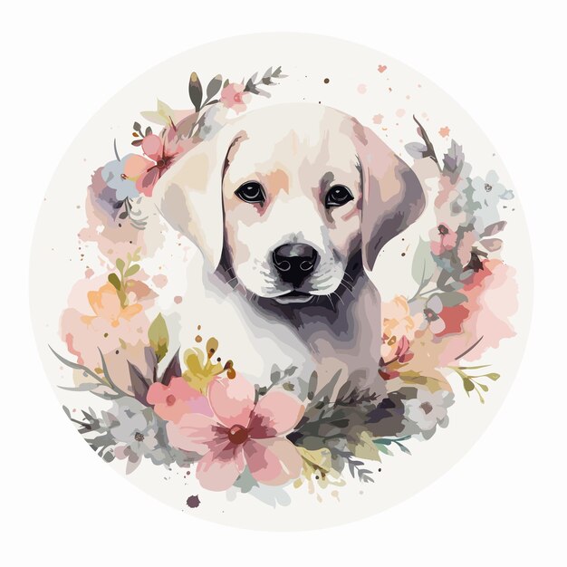 Watercolor baby dog animal illustration flowers circle