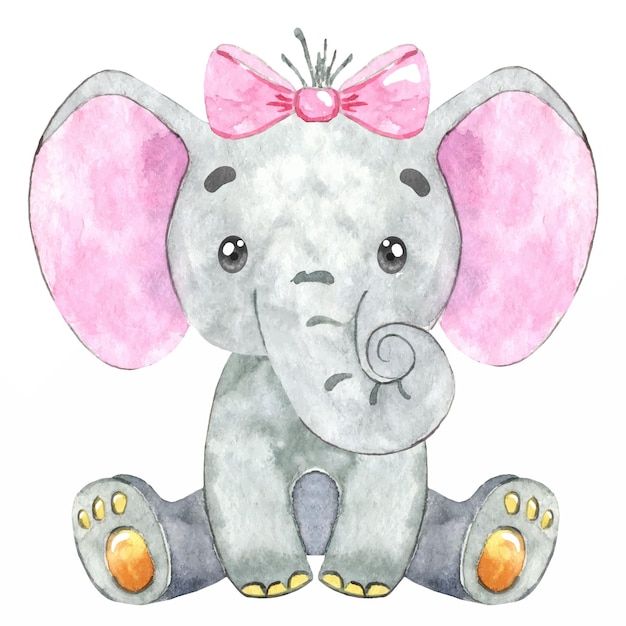 Vector watercolor baby elephant with pink bow