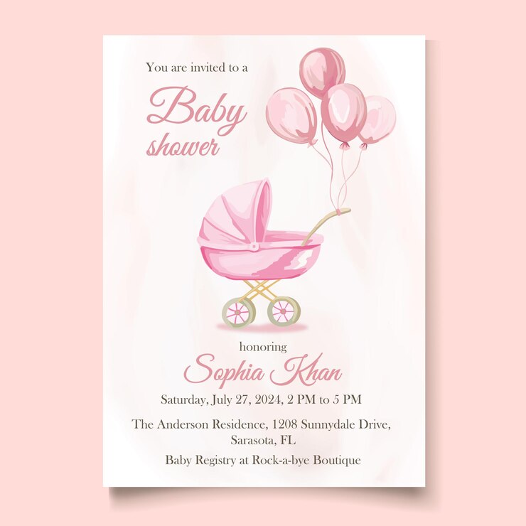 Vector watercolor baby girl invitation with baby stroller drive by baby shower