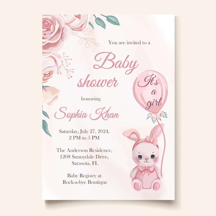 Vector watercolor baby girl shower invitation with cute pink bunny and beautiful flowers