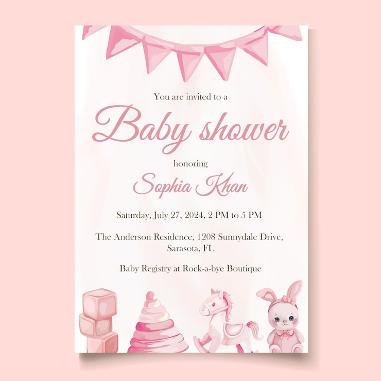 Vector watercolor baby girl shower invitation with cute pink toys
