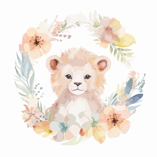 Vector watercolor baby lion with flowers cute animal illustration