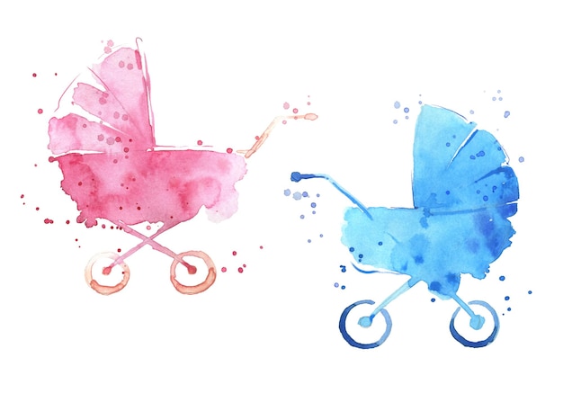 Watercolor baby prams pink and blue