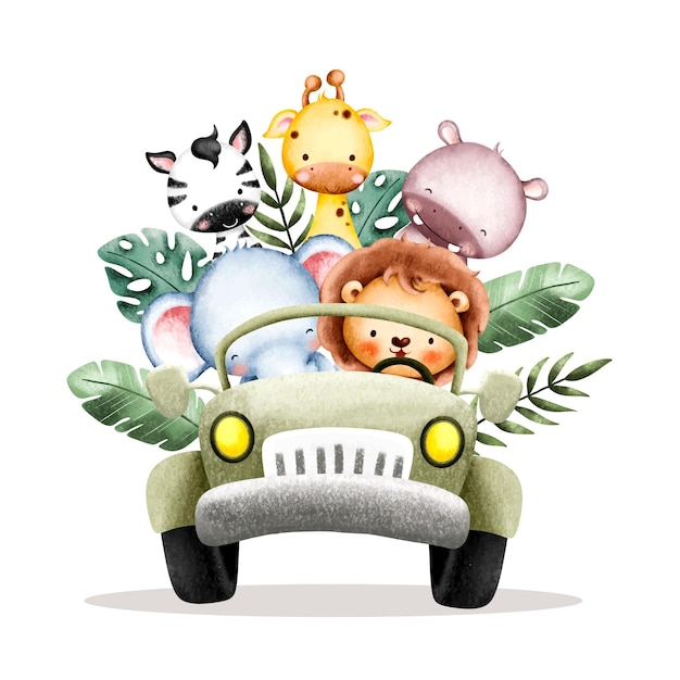 Vector watercolor baby safari animals in jeep