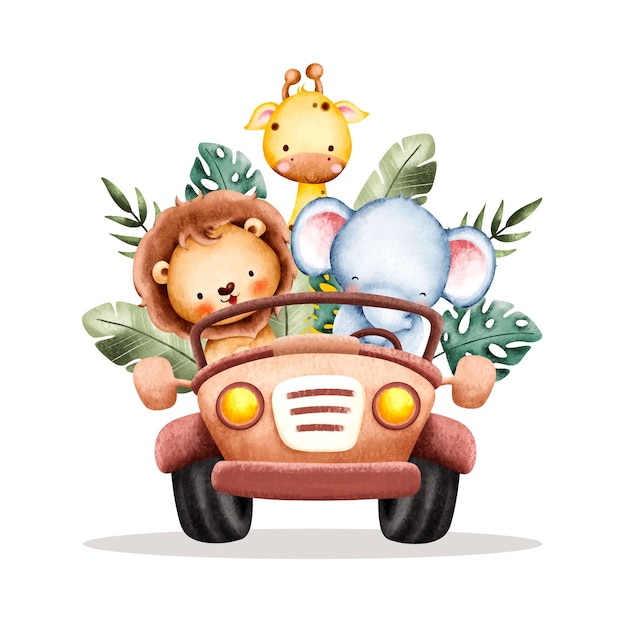 Watercolor baby safari animals in jeep