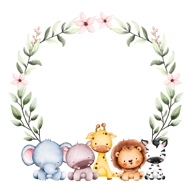 Vector watercolor baby safari animals and leaves wreath with flowers