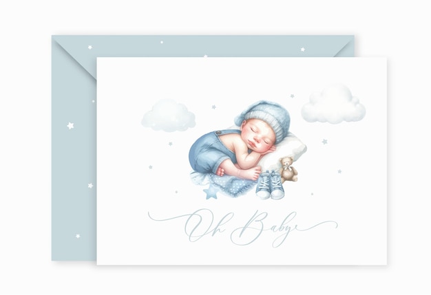 Vector watercolor baby shower invitation templates with cute newborn baby sleeping on cloud for baby boy