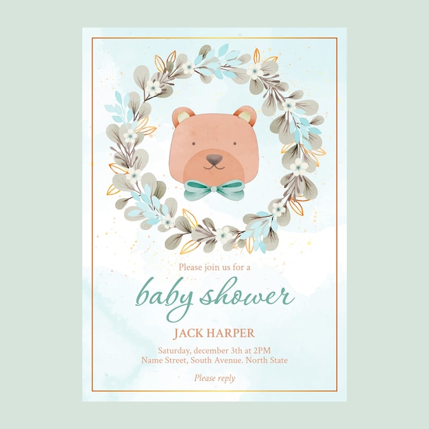 Vettore invito per baby shower ad acquerello con ghirlanda