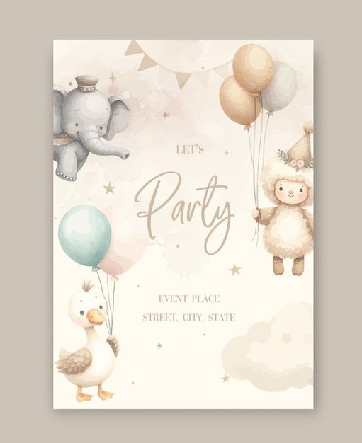 Watercolor Baby Shower Party Invitation card with a plush animals