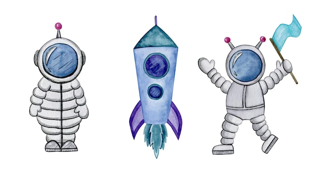 Spazio per bambini acquerello astronauta cartone animato con illusione a razzo blu isolata su sfondo bianco