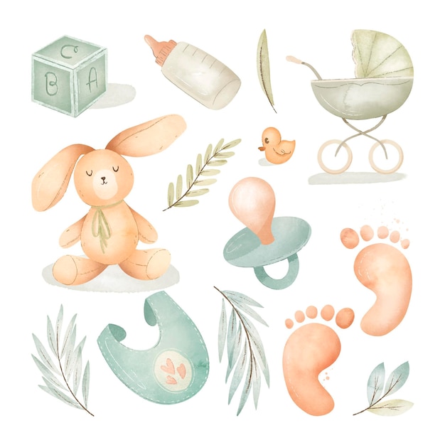 Vector watercolor baby stuff collection