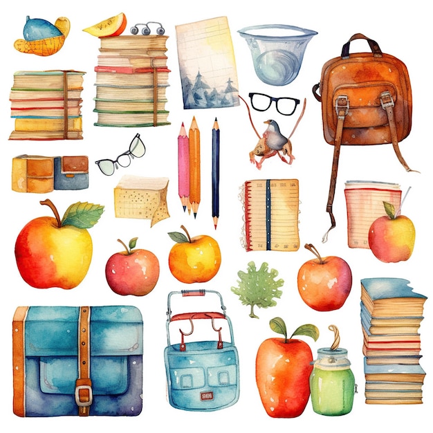 Vector watercolor back to school design elements